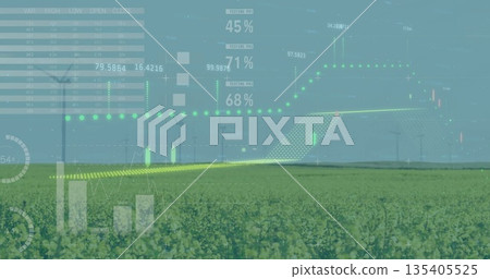 Overlaying line graphs and bar charts onto green crop field and wind turbines on wind farm Overlaying line graphs and bar charts onto green crop field and wind turbines on wind farm 135405525