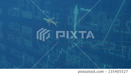 Displaying graphic on interface with grid, tickers, dotted-line graph, airplane toward upward arrow 135405527