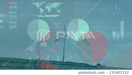 Displaying wind turbine standing on grassy hill, with map overlay, pie charts and bar graphs Displaying wind turbine standing on grassy hill, with map overlay, pie charts and bar graphs 135405532