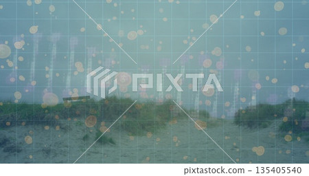 Dune pathway winding through grass clumps on beach, with grid overlay, currency circles, data bars Dune pathway winding through grass clumps on beach, with grid overlay, currency circles, data bars 135405540