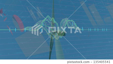 Displaying wind turbine with rotor hub and blades in data interface, waveform lines and chart axes 135405541