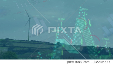 Combining wind turbine rising in rural wind farm, with hedges trees neon candlestick charts overlay Combining wind turbine rising in rural wind farm, with hedges trees neon candlestick charts overlay 135405543