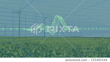 Displaying 3D grid overlay visualizing energy data over wind farm field, with green waveform line Displaying 3D grid overlay visualizing energy data over wind farm field, with green waveform line 135405544
