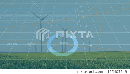 Displaying central wind turbine rotating over rural wind farm, with grid and graph overlay 135405549