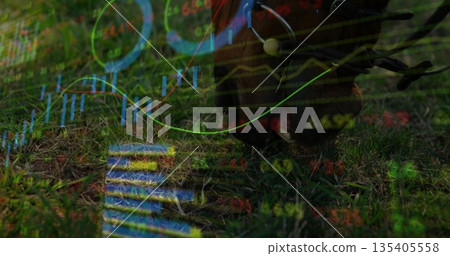 Standing riding boot with metal spur on grass, with financial graphs overlay, copy space 135405558