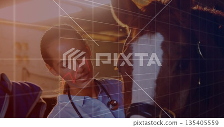 Leaning veterinarian in scrubs listening to horse with halter stethoscope by stall bars, copy space 135405559