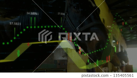 Standing horse head wearing halter in wooden stall with metal bars and trading charts, copy space Standing horse head wearing halter in wooden stall with metal bars and trading charts, copy space 135405561
