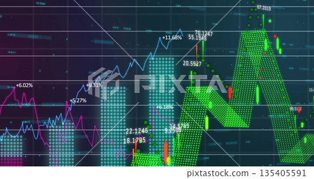 Displaying financial chart on platform, with candlesticks, area, line graphs, bars and percentages Displaying financial chart on platform, with candlesticks, area, line graphs, bars and percentages 135405591