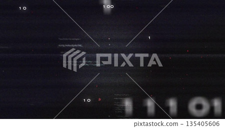 Binary digits glitching in corrupt screen with static noise lines, red pixels, blurred clusters 135405606