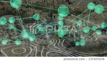 Exploring lone man navigating rocky canyon by water, glowing green data nodes with contour lines Exploring lone man navigating rocky canyon by water, glowing green data nodes with contour lines 135405636