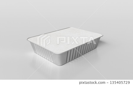 Aluminum Foil Food Container with White Paper Lid Mock up. 3D Rendering. 135405729