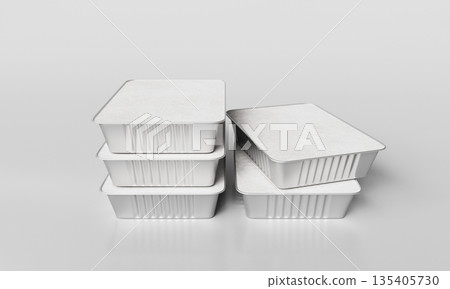 Aluminum Foil Food Container with White Paper Lid Mock up. 3D Rendering. Aluminum Foil Food Container with White Paper Lid Mock up. 3D Rendering. 135405730