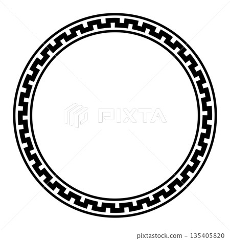 Circle frame with serpentine meander pattern. Decorative circular border with a bold zigzag line. A seamless Greek key pattern with two thinner circles. Isolated black and white illustration. Vector Circle frame with serpentine meander pattern. Decorative circular border with a bold zigzag line. A seamless Greek key pattern with two thinner circles. Isolated black and white illustration. Vector 135405820
