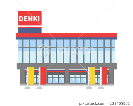 一幅紅藍相間的電子產品零售店建築插圖，上面寫著「DENKI」字樣。 135405991