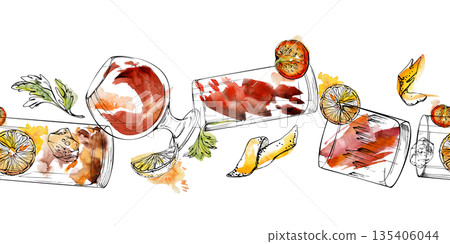 Warm orange and red drink, wine balloon with orange peel, tomato juice or Bloody Mary with celery, punch glass. Seamless header in watercolor and ink, hand drawn for website accents or textile trims. Warm orange and red drink, wine balloon with orange peel, tomato juice or Bloody Mary with celery, punch glass. Seamless header in watercolor and ink, hand drawn for website accents or textile trims. 135406044