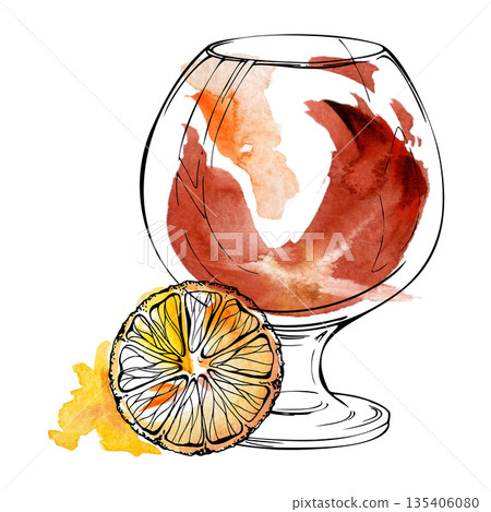 Classic sunny Aperol Spritz cocktail in balloon glass, citrus garnish, amber bourbon whiskey scotch rum spirits. Watercolor glow swirl and ink outline. Illustration for bar graphics, menu borders Classic sunny Aperol Spritz cocktail in balloon glass, citrus garnish, amber bourbon whiskey scotch rum spirits. Watercolor glow swirl and ink outline. Illustration for bar graphics, menu borders 135406080