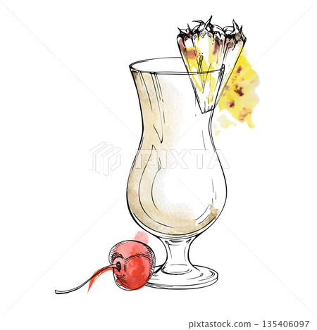 Creamy tropical Pina Colada cocktail, coconut hue with bright pineapple wedge and cherry fruit garnish. Ink-outlined watercolor illustration for exotic party branding, recipe visuals, or drink packs. 135406097