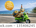 Happy belated birthday greeting card with cute snail riding green scooter by the sea.This image is part of a Happy Belated Birthday character series 135406245