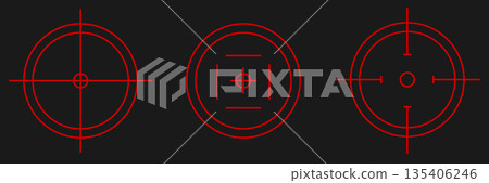Set of red crosshair aim icons on dark background. Futuristic targeting reticles for shooter games, sniper scopes, HUD interfaces, combat navigation systems, and digital weapon sight graphics. 135406246