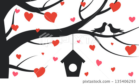 two birds and birdhouse on tree branch 135406293