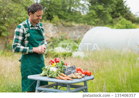 Mid adult man wearing green apron arranging tomatoes on blue farm table with chalkboard, copy space Mid adult man wearing green apron arranging tomatoes on blue farm table with chalkboard, copy space 135406357
