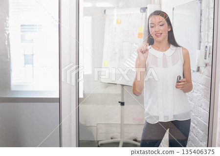 Asian woman drawing on glass partition with red marker near flip chart in office, copy space Asian woman drawing on glass partition with red marker near flip chart in office, copy space 135406375