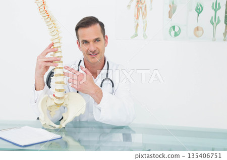 Male doctor wearing lab coat stethoscope holding spine model at glass desk gesturing at vertebrae Male doctor wearing lab coat stethoscope holding spine model at glass desk gesturing at vertebrae 135406751