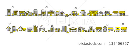 Cute townscape illustration material | Houses and buildings lined up | Line drawing vector material 135406867