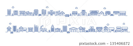 城市景觀線條畫插圖素材 | 並排排列的房屋和建築物向量素材 135406872