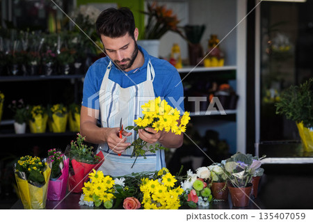 Male florist trimming yellow daisies using shears at wood counter beside shelves with potted plants Male florist trimming yellow daisies using shears at wood counter beside shelves with potted plants 135407059