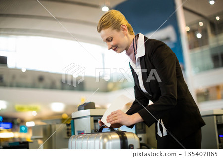 Female airport staff wearing uniform scanning pass at kiosk handling silver suitcase, copy space 135407065