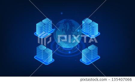 Space Data Center Technology Concept with Servers Orbiting Earth, Global Cloud Computing, Futuristic Network Infrastructure, Satellite Data Storage and Digital Transformation Space Data Center Technology Concept with Servers Orbiting Earth, Global Cloud Computing, Futuristic Network Infrastructure, Satellite Data Storage and Digital Transformation 135407066
