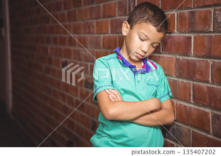 Schoolboy leaning against brick corridor wearing polo with collar stripes, copy space 135407202