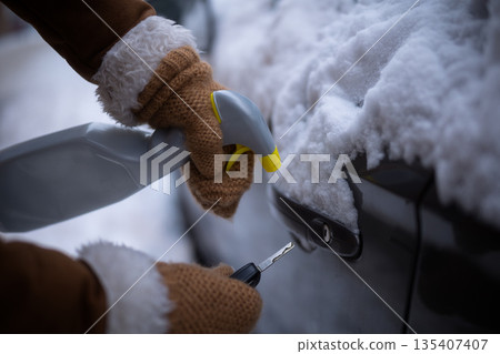 Unlocking a Frozen Car Door with De-Icing Spray Unlocking a Frozen Car Door with De-Icing Spray 135407407
