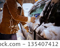 Scraping Side Window Ice - Winter Car Maintenance 135407412