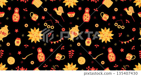 Seamless pattern Maslenitsa is a traditional holiday marking the end of winter. Background Shrovetide. Vector doodle illustration wallpaper. 135407430