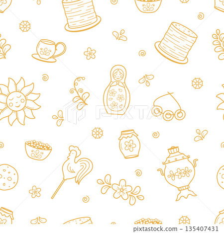 Seamless pattern Maslenitsa traditional holiday marking the end of winter. Vector doodle illustration wallpaper. Background Shrovetide. Seamless pattern Maslenitsa traditional holiday marking the end of winter. Vector doodle illustration wallpaper. Background Shrovetide. 135407431