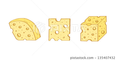 A set of pieces of cheese with holes. Vector illustration of dairy products cheeses. 135407432