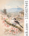 Long-Tailed Tit on Cherry Blossom Branch with Mount Fuji, Japanese Spring Illustration 135407445