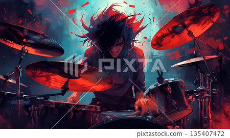 一幅音樂家動態演奏架子鼓的插圖 135407472