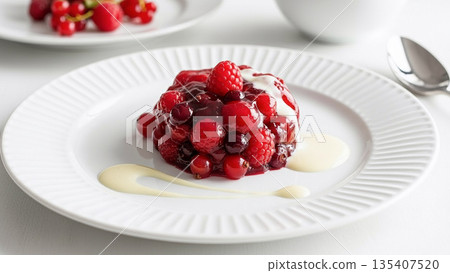 紅甜甜圈配上香草醬——一種填滿莓果的德國冷甜點 135407520
