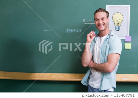 Man leaning on classroom chalkboard with lightbulb poster, holding chalk, smiling, copy space 135407791