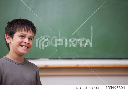 White boy leaning on wooden ledge by green chalkboard at school displaying school word, copy space White boy leaning on wooden ledge by green chalkboard at school displaying school word, copy space 135407804