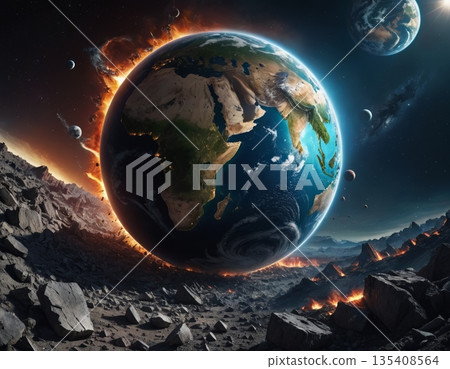 Natures power emerges with a brewing storm, flashes of lightning lighting up the dark sky over a tranquil landscape of trees and urban lights contrasting with the turmoil. 135408564