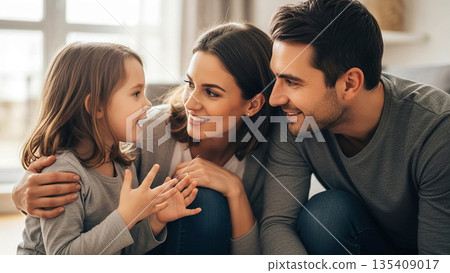 A loving mother and father listening attentively to their child at eye level, sharing a tender family moment full of warmth and connection 135409017