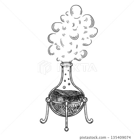 Vector alchemy flask with bubbling liquid in graphic style. Linear illustration of Poison for occult fantasy themes, magic symbols, tarot designs, posters, tattoos and mystical compositions. Vector alchemy flask with bubbling liquid in graphic style. Linear illustration of Poison for occult fantasy themes, magic symbols, tarot designs, posters, tattoos and mystical compositions. 135409074