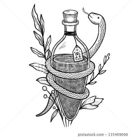 Vector alchemy Flask with liquid and Snake in graphic style. Linear illustration of Potion for occult fantasy themes, magic symbols, tarot designs, posters, tattoos and mystical compositions. Vector alchemy Flask with liquid and Snake in graphic style. Linear illustration of Potion for occult fantasy themes, magic symbols, tarot designs, posters, tattoos and mystical compositions. 135409098