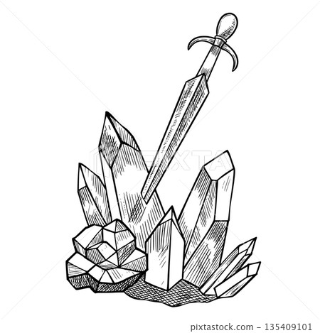 Vector sword embedded in crystal cluster drawn in graphic line style. Linear illustration of weapon for fantasy game assets, magical symbols, posters, tattoos, heraldry designs and mystical arts. Vector sword embedded in crystal cluster drawn in graphic line style. Linear illustration of weapon for fantasy game assets, magical symbols, posters, tattoos, heraldry designs and mystical arts. 135409101