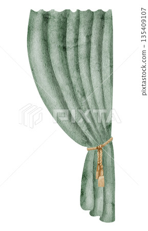 Curtain watercolor illustration. Clipart with green vintage theater drapery for childish invitations or carnival baby design. Element for stage on isolated background. Cloth for retro scene. 135409107