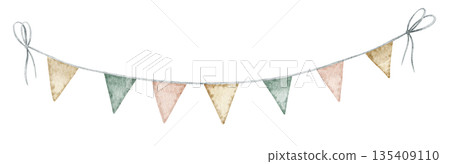 Garland with triangular flags Watercolor illustration. Clipart of circus bunting for baby shower greeting cards, childish birthday invitations, banners, frames in pastel colors Garland with triangular flags Watercolor illustration. Clipart of circus bunting for baby shower greeting cards, childish birthday invitations, banners, frames in pastel colors 135409110